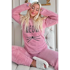 Pijama Evi Meow Desenli Tam Peluş Pijama Takımı