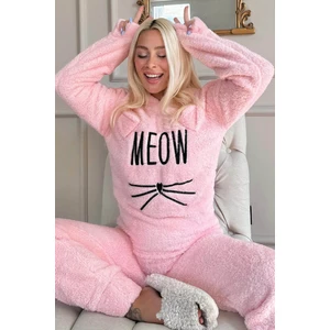 Pijamaevi Meow Desenli Tam Peluş Pijama Takımı