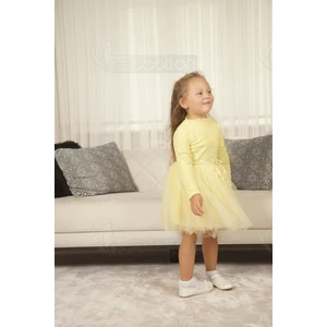 Tüllü Baskısız Düz Üst Kısım Ribana Alt Kısım Astarlı Tütü Etek Kız Çocuk Prenses Uzun Kollu Elbise