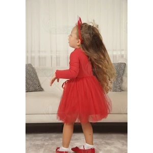 Tüllü Baskısız Düz Üst Kısım Ribana Alt Kısım Astarlı Tütü Etek Kız Çocuk Prenses Uzun Kollu Elbise