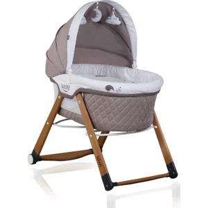 Sleeper All İn One Naturel Ahşap Sallanabilen Katlanır Tekerli Bebek Beşiği Yaprak Desenli Kahve