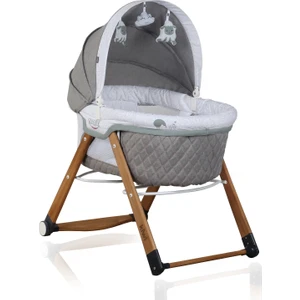 Sleeper All İn One Naturel Ahşap Sallanabilen Katlanır Tekerli Bebek Beşiği Yaprak Desenli Krem Rengi