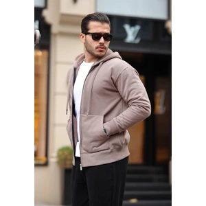 İçi Peluş Üç İplik Kumaş Oversize Fermuarlı Kapüşonlu Sweatshirt- Bej