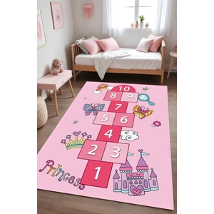 Noble Halı Dijital Baskı Seksekli Princess Yazılı Pembe Renk Makinada Yıkanabilir Çocuk Halısı Genç Halısı