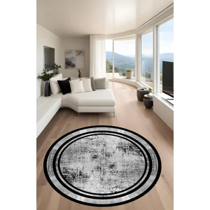 Noble Halı Dijital Baskı Siyah Çerçeveli Gri Renkli Modern Yıkanabilir Yuvarlak Mutfak Halısı Koridor Halısı