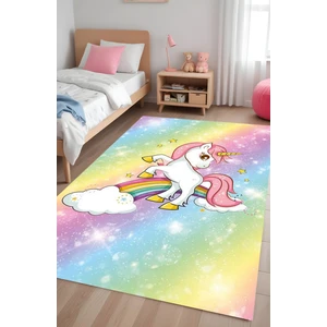Noble Halı Dijital Baskı Unicorn Gökkuşağı Desen Rengarenk Makinada Yıkanabilir Çocuk Halısı Genç Halısı