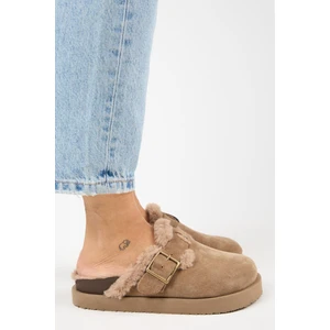 (Zeta 2 Kürklü Platform) Kadın  Deri Kemerli Tokalı Sabo Vizon Terlik