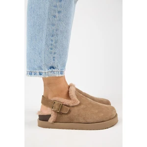 (Holly 2 Kürklü Platform) Kadın  Deri Kemerli Tokalı Sabo Vizon Sandalet