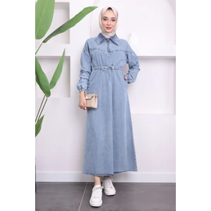 Mavi Bel Büzgülü Cepli Kot Elbise