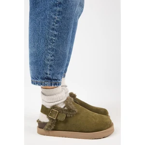 (Holly 2 Kürklü Platform) Kadın  Deri Kemerli Tokalı Sabo Haki Sandalet