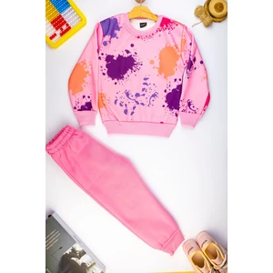 Şardonlu 3 Iplik Konforlu ve Şık Kız Çocuk Sweatshirt Takım - Boyalı Eğlenceli Desen 3-9 Yaş