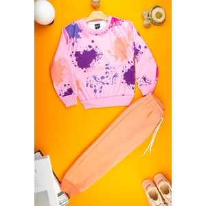 Şardonlu 3 Iplik Konforlu ve Şık Kız Çocuk Sweatshirt Takım - Boyalı Eğlenceli Desen 3-9 Yaş