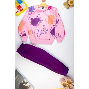 Şardonlu 3 Iplik Konforlu ve Şık Kız Çocuk Sweatshirt Takım - Boyalı Eğlenceli Desen 3-9 Yaş