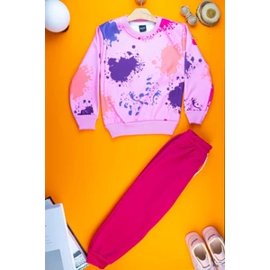 Şardonlu 3 Iplik Konforlu ve Şık Kız Çocuk Sweatshirt Takım - Boyalı Eğlenceli Desen 3-9 Yaş