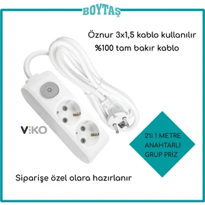 2'li 1 Metre Anahtarlı Grup Priz-Beyaz