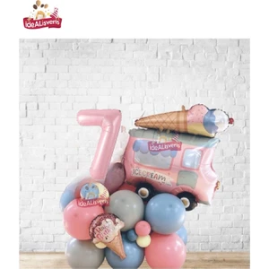 Bkmc Party Büyük Dondurma Kamyonu Pembe  Yaş Folyolu Çok Tatlı Balon Yığını,doğum Günü Parti Seti Süsü