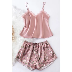 Merry See Kadın Çiçek Desenli Şort Pijama Takımı Dantel Detaylı 2 Parça Set