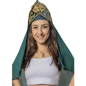 Köylü Kostüm Yeşil Bindallı Başlığı Şifon Tüllü Fes Başlık
