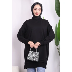 Siyah Bisiklet Yaka Yan Yırtmaçlı Sweat
