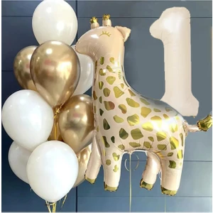 Zürafa Folyo Balon Rakam Folyo Balon Buketi Doğum Günü Balon Seti 1 Yaş