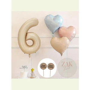 Kum Beji Rakam Folyo Balon Retro Mavi Pembe Satin Kalp Folyo Balon Doğum Günü Balon Seti 6 Yaş