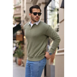 Polo Yaka Selanik Örme Kumaş Erkek Sweatshirt - Açık Haki