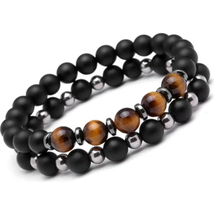 Alnis Atelier Kaplan Gözü ve Mat Oniks Doğal Taş Erkek Bileklik 2li Kombin