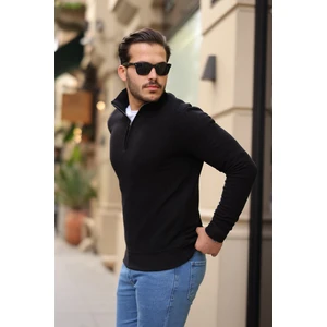 Selanik Örme Kumaş Yarım Fermuar Erkek Sweatshirt - Siyah