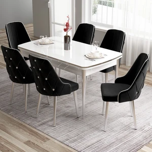 Tia Serisi, Beyaz MASA,80X132 Açılabilir Mdf Mutfak Masa Takımı 6 Sandalye Gümüş Detay