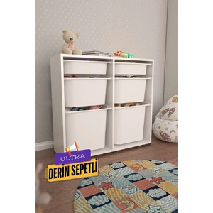 Carla Beyaz Ultra Derin Sepetli Çok Amaçlı Dolap Oyuncak Dolabı