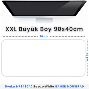90X40 Logosuz Beyaz-White Xxl Büyük Boy Ilyuka MP349040 Gaming Mousepad Dikişli Kenar Kaymaz Taban 90X40CM