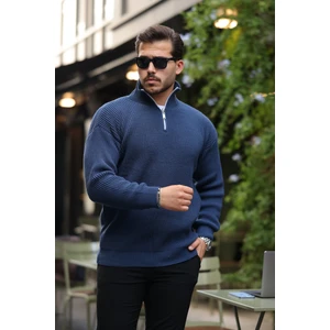 Oversize Selanik Örgü Yarım Fermuar Erkek Triko Kazak - Indigo