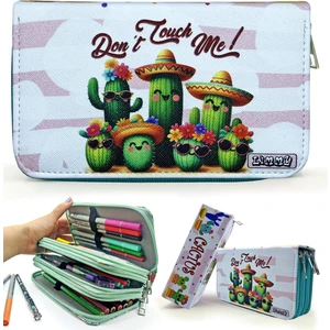 Kalem Kutusu Kaktüs Desenli Kawai Organizer Kalemkutu Vegan Deri Üç Bölmeli Kalemlik -Yeşil