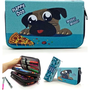 Kalem Kutusu Sevimli Köpek Kawai Organizer Kalemkutu Vegan Deri Üç Bölmeli Kalemlik Siyah