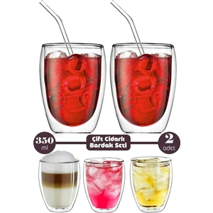 Berdina Home 2li Çift Cidarlı Cam Bardak 350 ml Pipetli Çay Kahve Sunum Bardağı Isıya Dayanıklı Kupa Bardak Seti