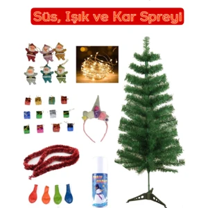 120 cm Yılbaşı Çam Ağaç Seti ve 28 PARÇA süs 5 Metre Peri LED Işık ve Yılbaşı Süsleri Paketi ve Kar Spreyi
