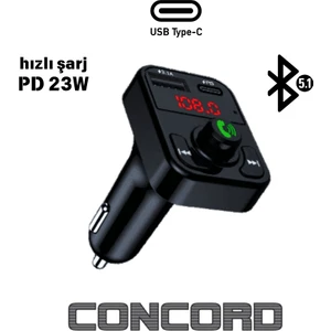 C-606 Plus Kablosuz Fm Transmitter – 23W Hızlı Şarj  Usb-C - Bluetooth 5.1 - Eller Serbest Arama - Tf Kart Desteği