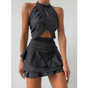 Boyundan Askılı Siyah Simli Katlı Kiloş Elbise