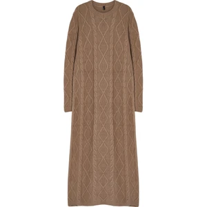 Kadın Moda Şık Tesettür Maxi Boy Bisiklet Yaka Regular Saç Örgü Desenli Yumuşak Dokulu Triko Elbise