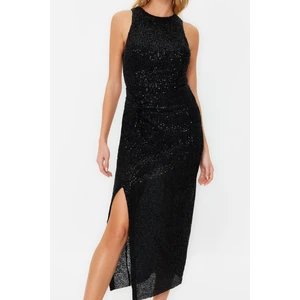 Kadın Moda Midi Boy Halter Yaka Fitted Vücuda Oturan Örme Parıltılı Pullu Örme Payet Abiye Elbise