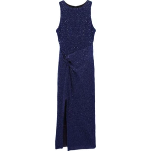 Kadın Moda Şık Midi Boy Halter Yaka Fitted Vücuda Oturan Örme Parıltılı Pul Payet Şık Abiye Elbise