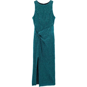 Kadın Moda Şık Midi Boy Halter Yaka Fitted Vücuda Oturan Örme Parıltılı Pul Payet Şık Abiye Elbise