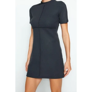 Kadın Moda Şık Mini Boy Dik Yaka Regular A Kesim Çan Form Selanik Triko Görünümlü Örme Elbise