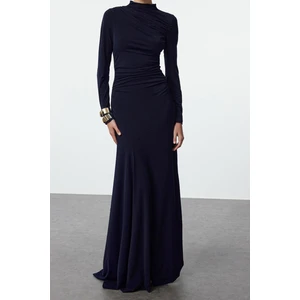 Moda Stil Slim Dik Yaka Maxi Boy Fitted Vücuda Oturan Uzun Kollu Esnek Örme Elbise