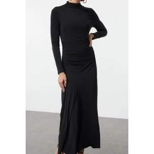 Moda Stil Slim Dik Yaka Maxi Boy Fitted Vücuda Oturan Uzun Kollu Esnek Örme Elbise