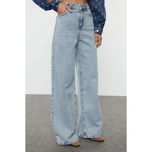 Kadın Moda Şık Kot Pantolon Geniş Paça Uzun Boy Denim Mavi Yüksek Bel Ekstra Palazzo Jeans