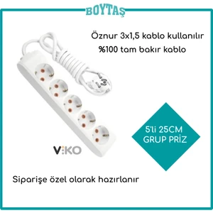5'li 25CM Grup Priz-Beyaz(Öznur 3*1,5 Kablo Kullanılır)