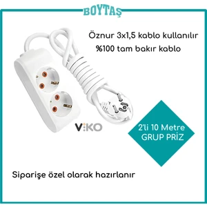 2'li 10 Metre Grup Priz-Beyaz(Öznur 3*1,5 Kablo Kullanılır)