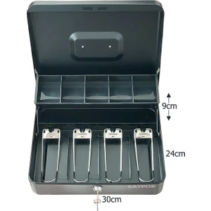 Metal Para Kasası Taşıma Kulplu 4 Banknot 5 Madeni Para Bölmeli Üstten Açılır Para Kutusu 30x24x9cm