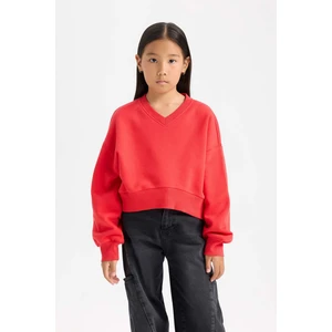 Cropped Fit V Yaka Basic Düz Sweatshirt Kız Çocuk D7047A824WN